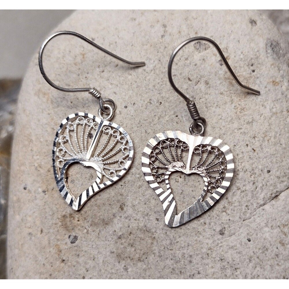 .925 Sterling Silver Filigree Rope Heart Dangle Earrings